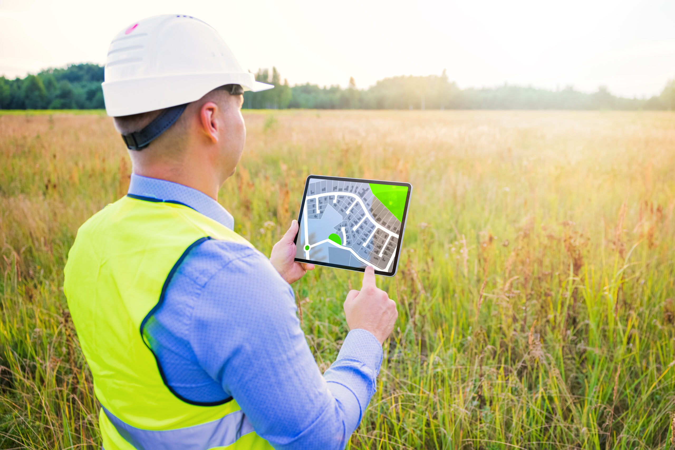 Town Planner using digital tablet with blueprints and surveying a new residential housing building land plot Town Planner using digital tablet with blueprints and surveying a new residential housing building land plot