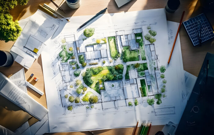 Architectural plans with landscape design on the desk. Top view